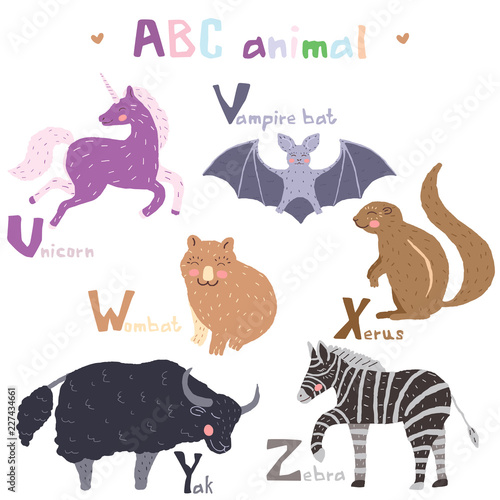 Vector hand drawn cute abc alphabet animal colorful scandinavian design, zebra, vampire bat, unicorn,wombat, xerus, yak