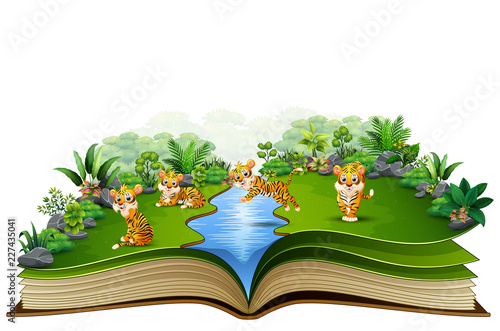 Fototapeta Naklejka Na Ścianę i Meble -  open book with group of tiger cartoon