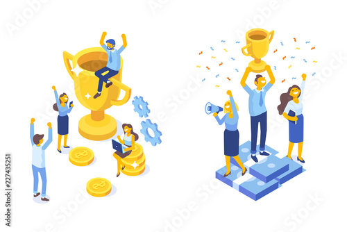 Team Success set vector illustration. Business people celebrating victory. Man holding gold cup. Flat Vector illustration. 