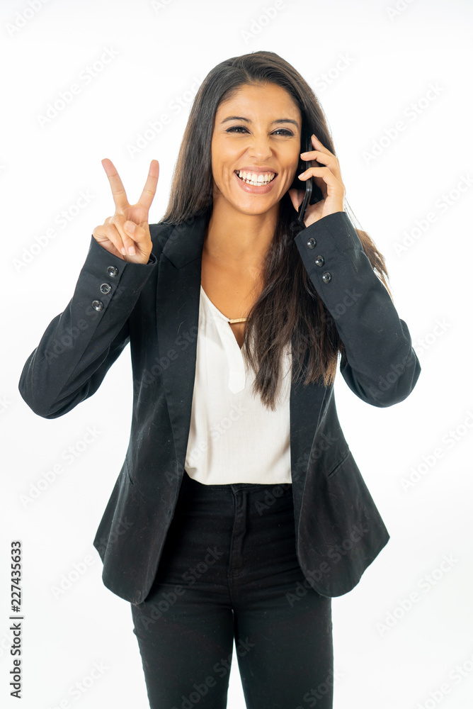 Full body portrait of happy excited beautiful businesswoman