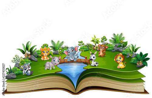Open book with baby animal cartoon playing in the river