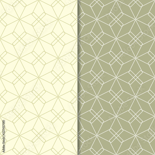 Olive green geometric ornaments. Set of seamless patterns