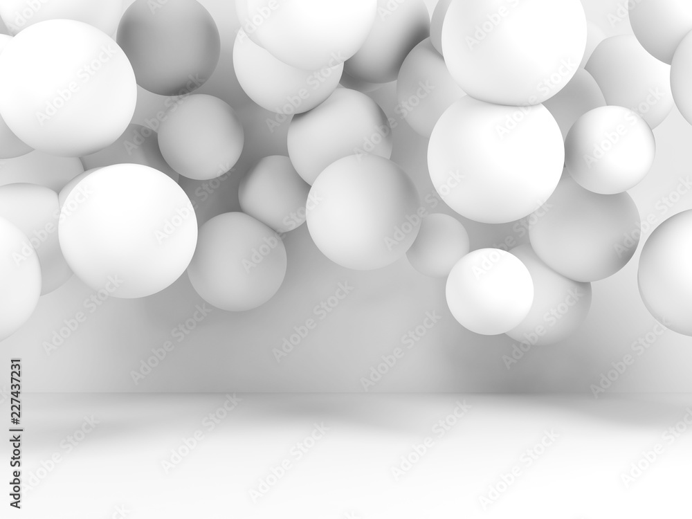 Group of white spheres in empty room, 3 d Group of white spheres in empty room, 3 d