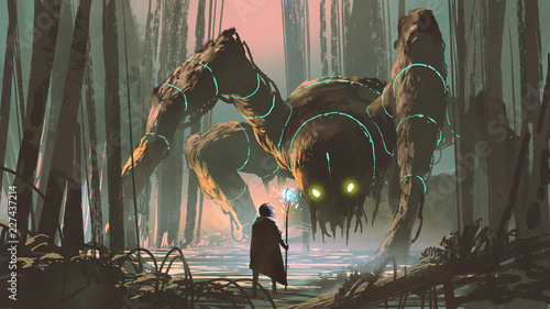 Fototapeta Młody czarodziej z różdżką naprzeciw gigantycznego stworzenia, patrzący na siebie w lesie fantasy ścienna