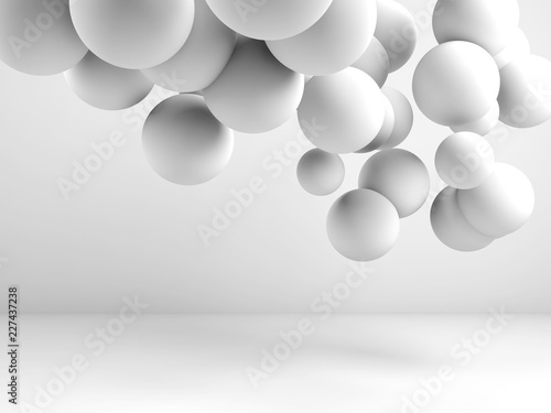 Wall Mural Cloud of spheres flying in abstract 3d room