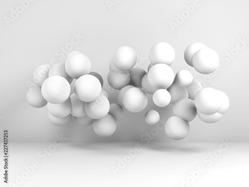 Cloud of spheres flying in 3d white room