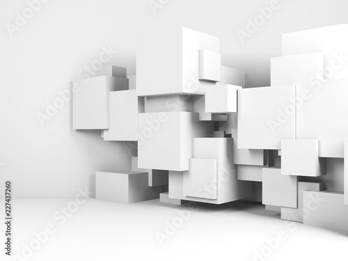 Cubes installation in empty white room. 3d