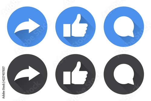 Set of share, like and comment icons with long shadow