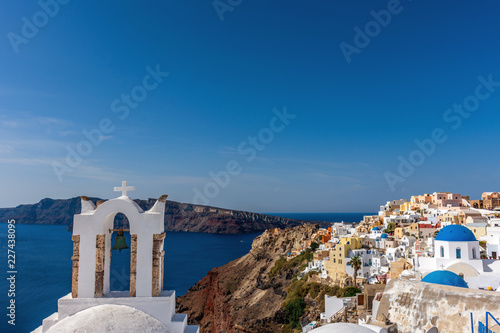 Santorini  Greece. Picturesque view of traditional cycladic Santorini s church on cliff