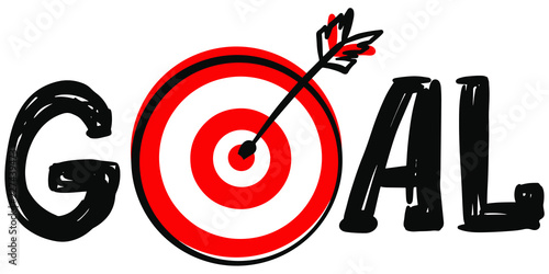 doodle hand drawn Word Goal with Dartboard target and arrow symbol instead of letter O isolated on white background. Vector illustration