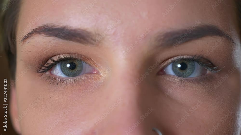Close-up blue eyes of gorgeous caucasian female looking at camera concentrated and calm Close-up blue eyes of gorgeous caucasian female looking at camera concentrated and calm