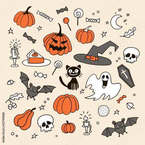Set of Halloween doodles. Cute vector illustration.