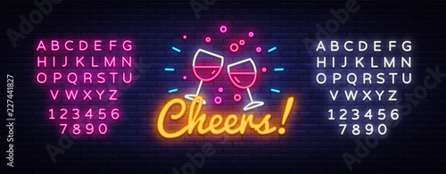 Cheers neon sign vector. Wine Party celebration Design template neon sign, light banner, neon signboard, nightly bright advertising, light inscription. Vector illustration. Editing text neon sign