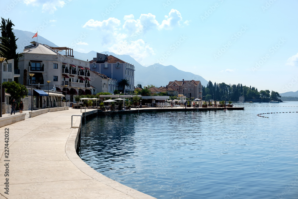 Shoreline Tivat city Montenegro , Bay of Tivat, marina Porto Montenegro At Adriatic sea bay. Shoreline Tivat city Montenegro , Bay of Tivat, marina Porto Montenegro At Adriatic sea bay.