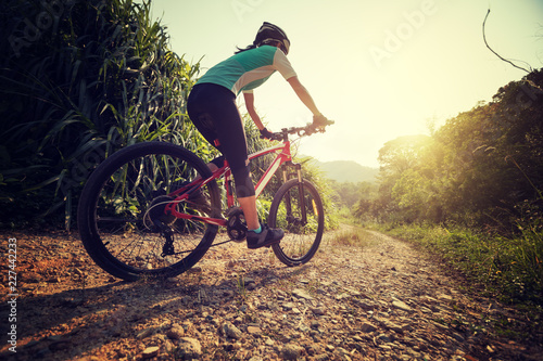 Woman cyclist riding mountain bike on rocky trail at sunny day