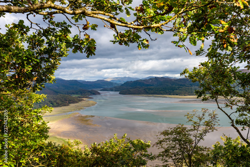 Mawddach river estuary at low tide with views to Snowdonia at low tide, near Barmouth, Wales