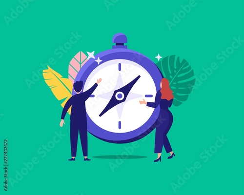 vector illustration of business people find navigation with compass can be use for web, landing page, ui, wallpaper, template, banner, flyer