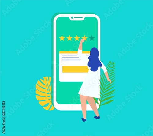 girl give rating on mobile smartphone vector illustration template, can use for, landing page, template, ui, web, mobile app, poster, banner, flyer