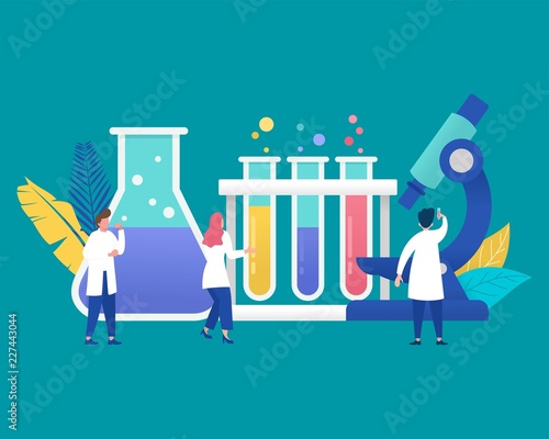 vector illustration concept of scientis working at science laboratorium with tube and microscope, vector template background isolated, can be use for presentation, web, banner ui ux, landing page