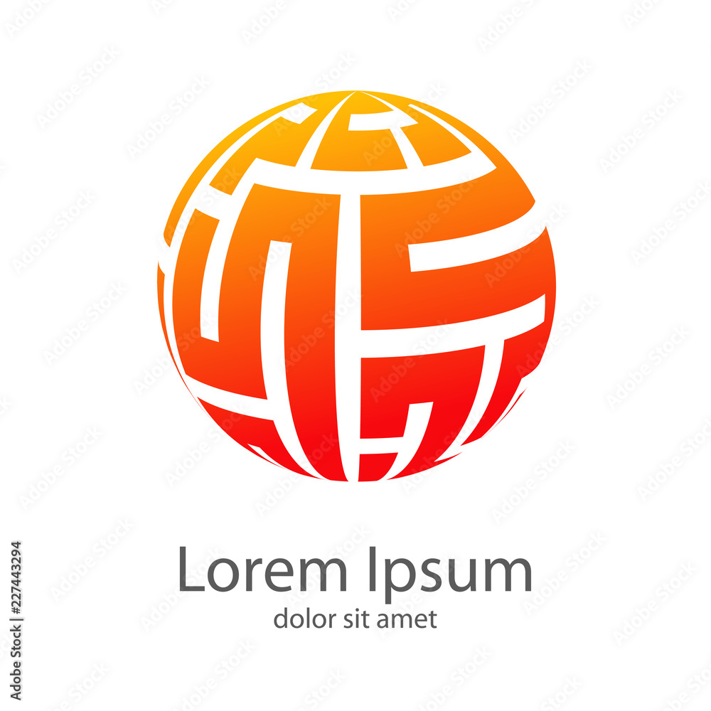 Logotipo laberinto en espacio negativo en esfera en naranja