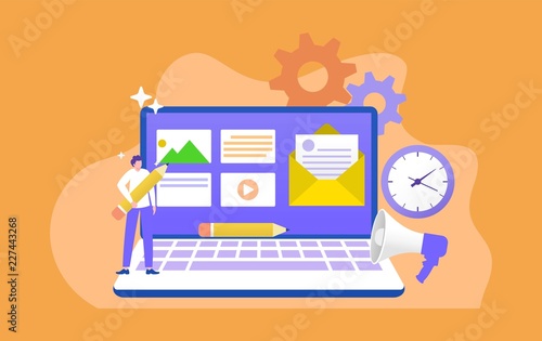 content managemant system vector illustration concept, with character holding pencil, can use for, landing page, template, ui, web, mobile app, poster, banner, flyer