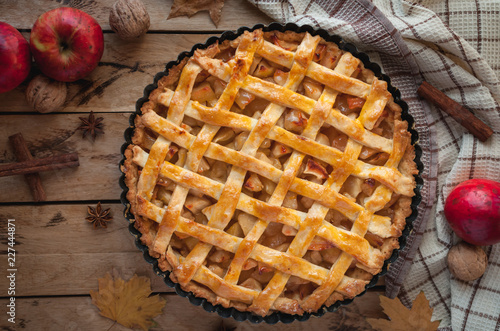 Homemade apple pie on wooden background, top view