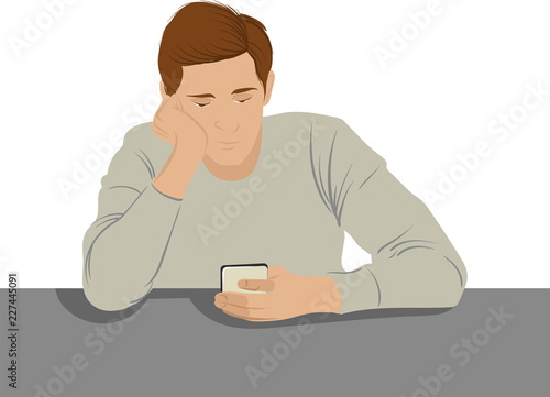 The guy is sitting with a smartphone and bored, sadly. Hand drawn vector illustration