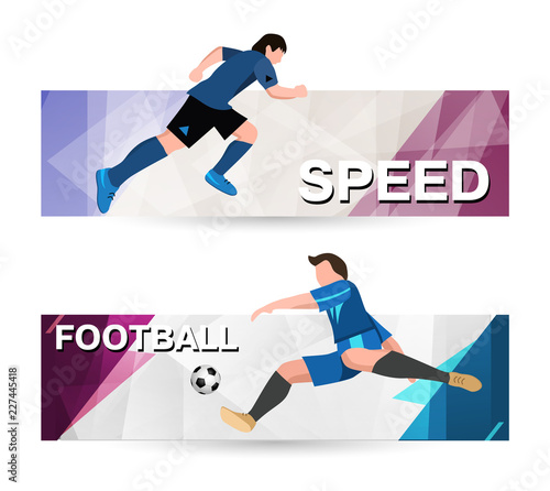 Abstract sport banner on a light bright background. soccer Players in sport form with the ball. The athlete quickly runs. Template design for horizontal banner.