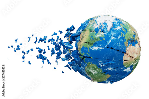 Broken shattered planet earth globe isolated on white background. Blue and green realistic world with particles and debris.
