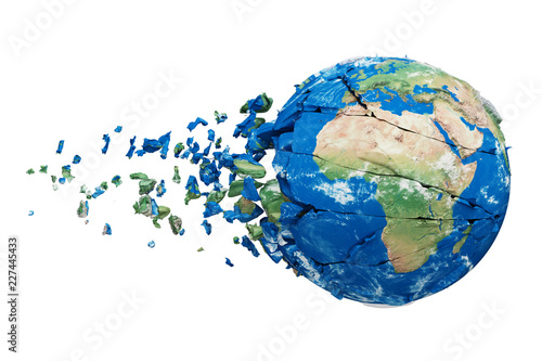 Broken shattered planet earth globe isolated on white background. Blue and green realistic world with particles and debris.