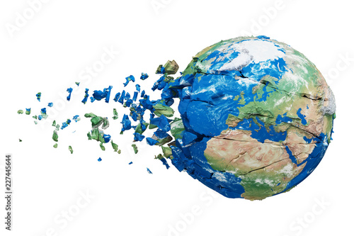 Broken shattered planet earth globe isolated on white background. Blue and green realistic world with particles and debris.
