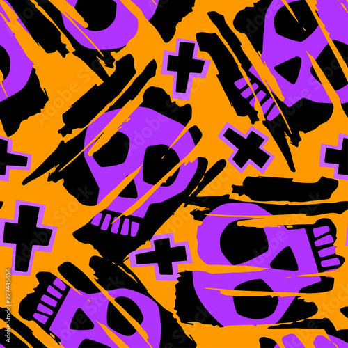 Skull funky seamless rough grunge pattern, modern design template.