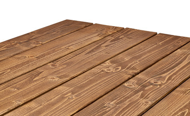 Perspective view of wood or wooden table corner on white background including clipping path