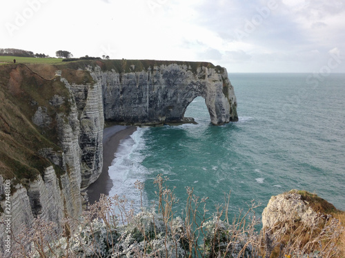 View from Falaise d'Etretat on the rock formation. Etretat, Normandy, France,