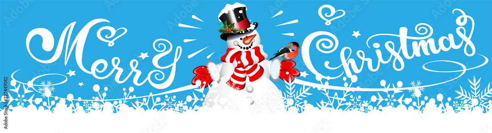 Christmas card with a Snowman and text Merry Christmas on a red background. Christmas card. Banner. Vector Christmas card with a Snowman and text Merry Christmas on a red background. Christmas card. Banner. Vector