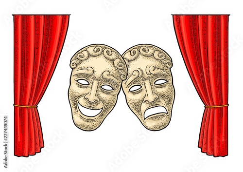 Comedy and tragedy theater masks. Vector engraving vintage color illustration