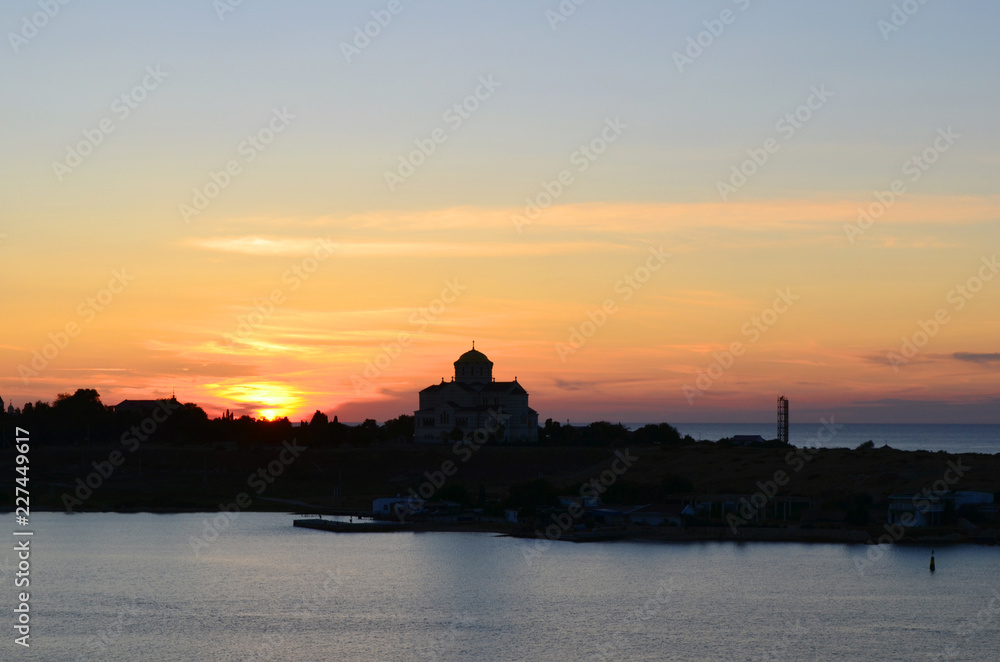 Chersonese. View of St. Vladimir's Cathedral across the Bay at sunset