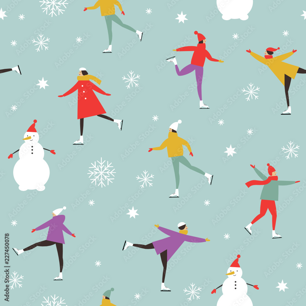 Vector drawing of people skating on Ice rink, Merry Christmas or Happy New Year's seamless pattern