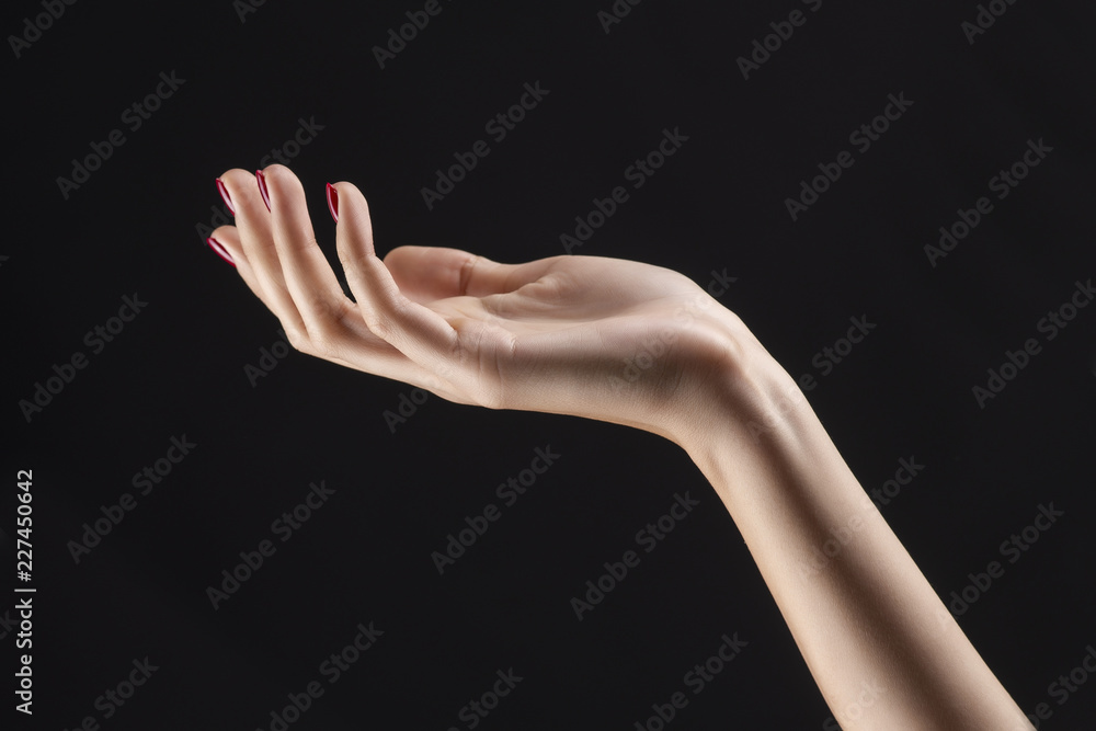 Fototapeta premium Closeup of beautiful woman hand with red manicure on the nails. Cream for palms, manicure and beauty treatment. Elegant and graceful arm with slender graceful fingers