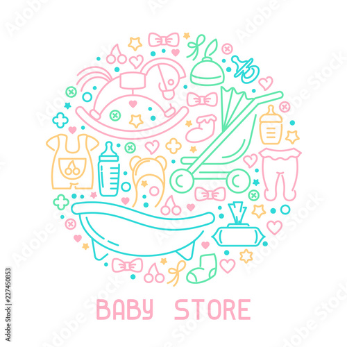 Baby accessories elements banner. Linear style vector illustration. Suitable for advertising or web