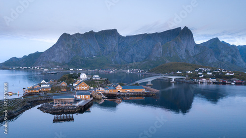 Aerial view from a drone of the city of Reine in the Lofoten islands at early morning hours. Norway. photo