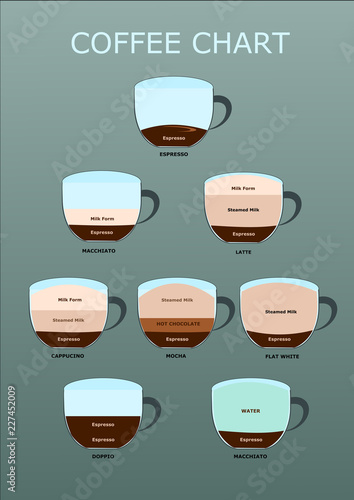 Coffee guide. set hot drinks Coffee chart or Coffee infographic.