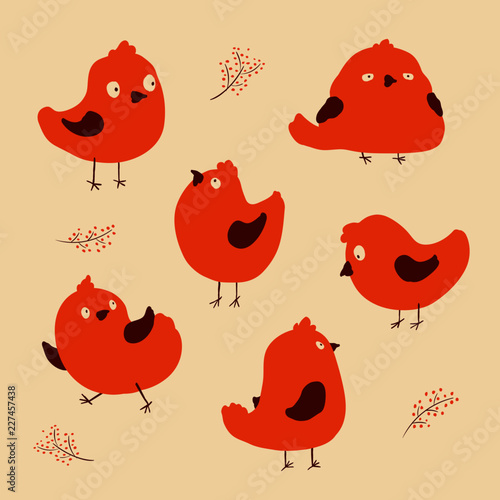 Funny little birds with brunches on the background. Vector cartoon.