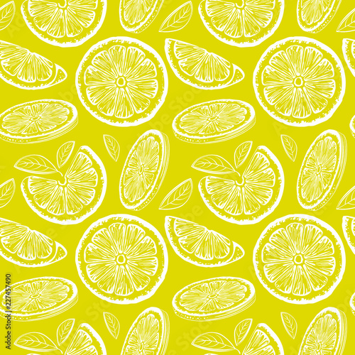 Lemon seamless pattern. Ink sketch lemons. Citrus fruit background. Elements for menu, greeting cards, wrapping paper, cosmetics packaging, posters etc