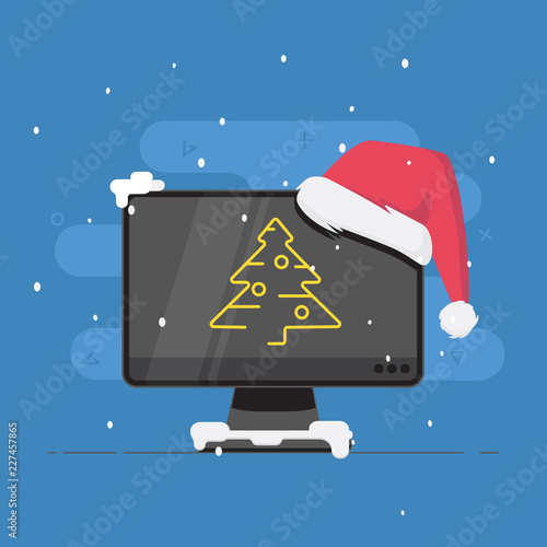A computer or tv with a Santa's hat and a Christmas tree on a blue background. Vector illustration.