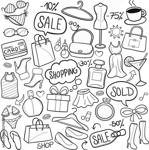 Shopping Woman Traditional Doodle Icons Sketch Hand Made Design Vector