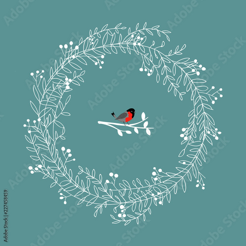 Photos Hand Drawn Doodle Sketchy Frosty White Wreath Red Robbin Bird Sitting on Tree Branch