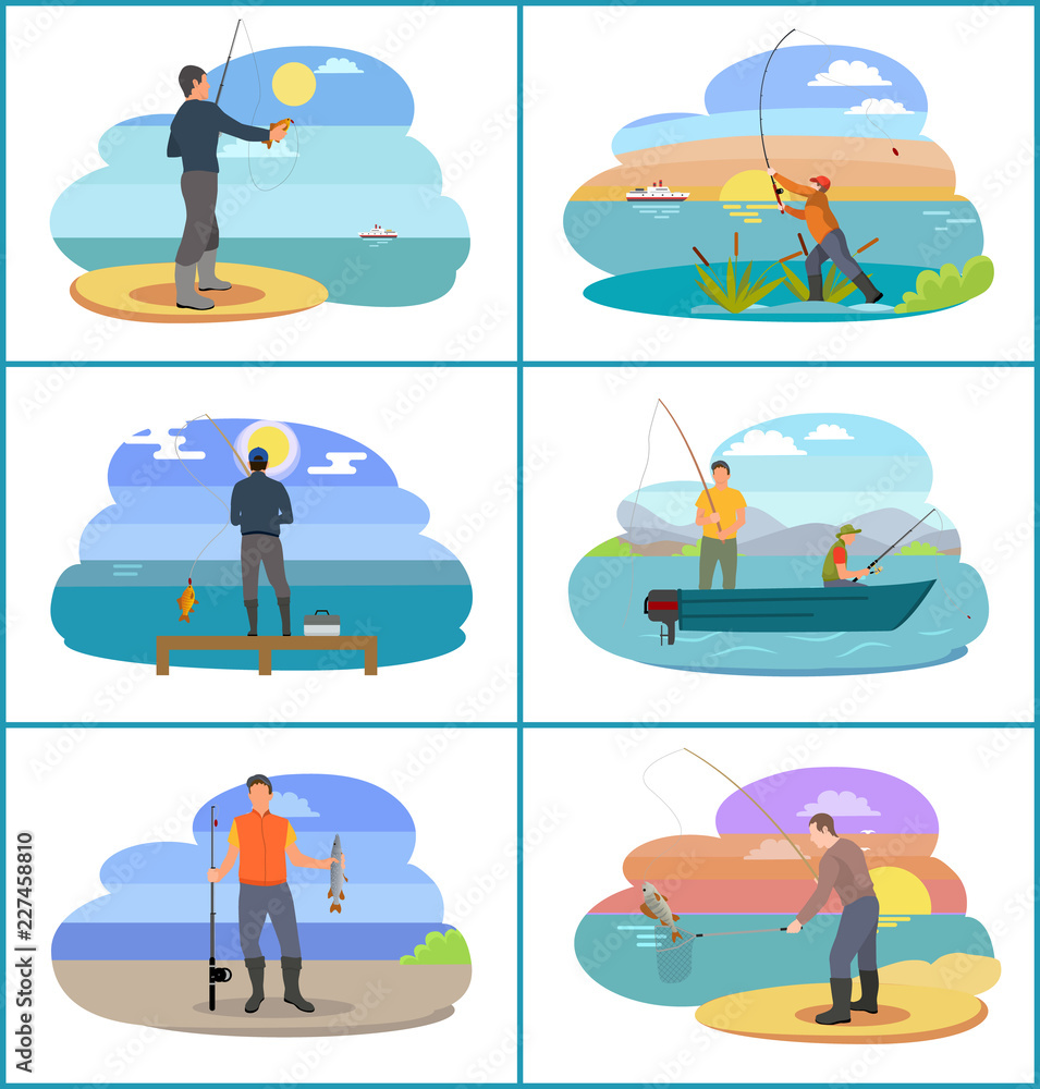 Fishing Set of People at Beach Vector Illustration