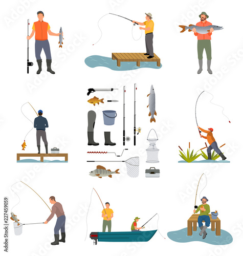 Fishing People and Items Set Vector Illustration