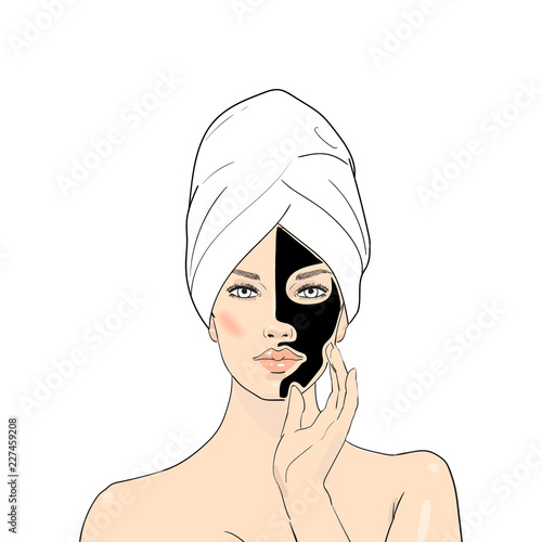 Beautiful girl with towel. Spa beauty facial mask. Women with beauty face mask. Vector Illustration. Black facial sheet mask could be a Volcanic, Black pearl or Charcoal one for deep skin pore care